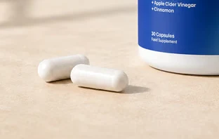 Dos cápsulas blancas de GLPrimal sobre una superficie de cocina