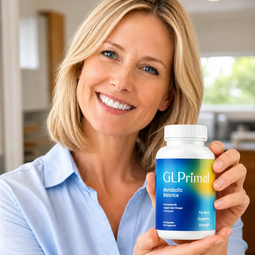 Mujer sonriente mostrando un bote de GLPrimal en su cocina