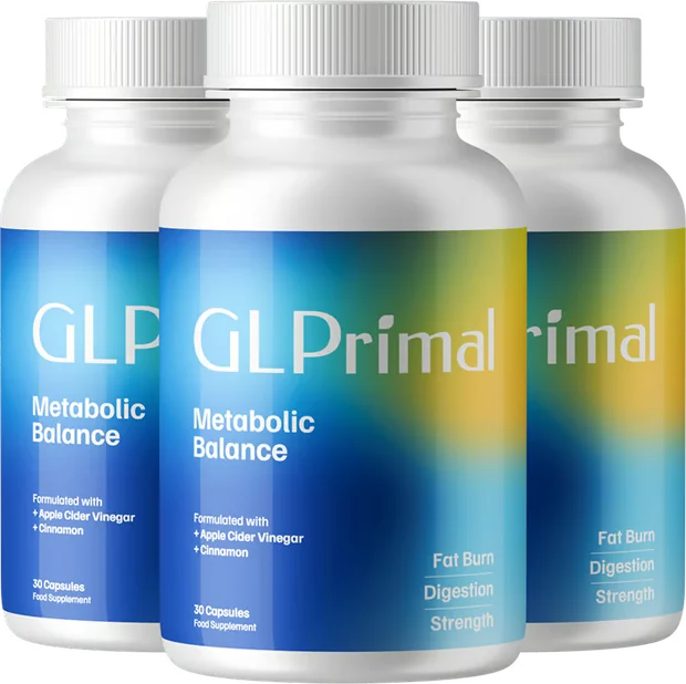 Tres botes de GLPrimal Metabolic Balance alineados sobre fondo transparente